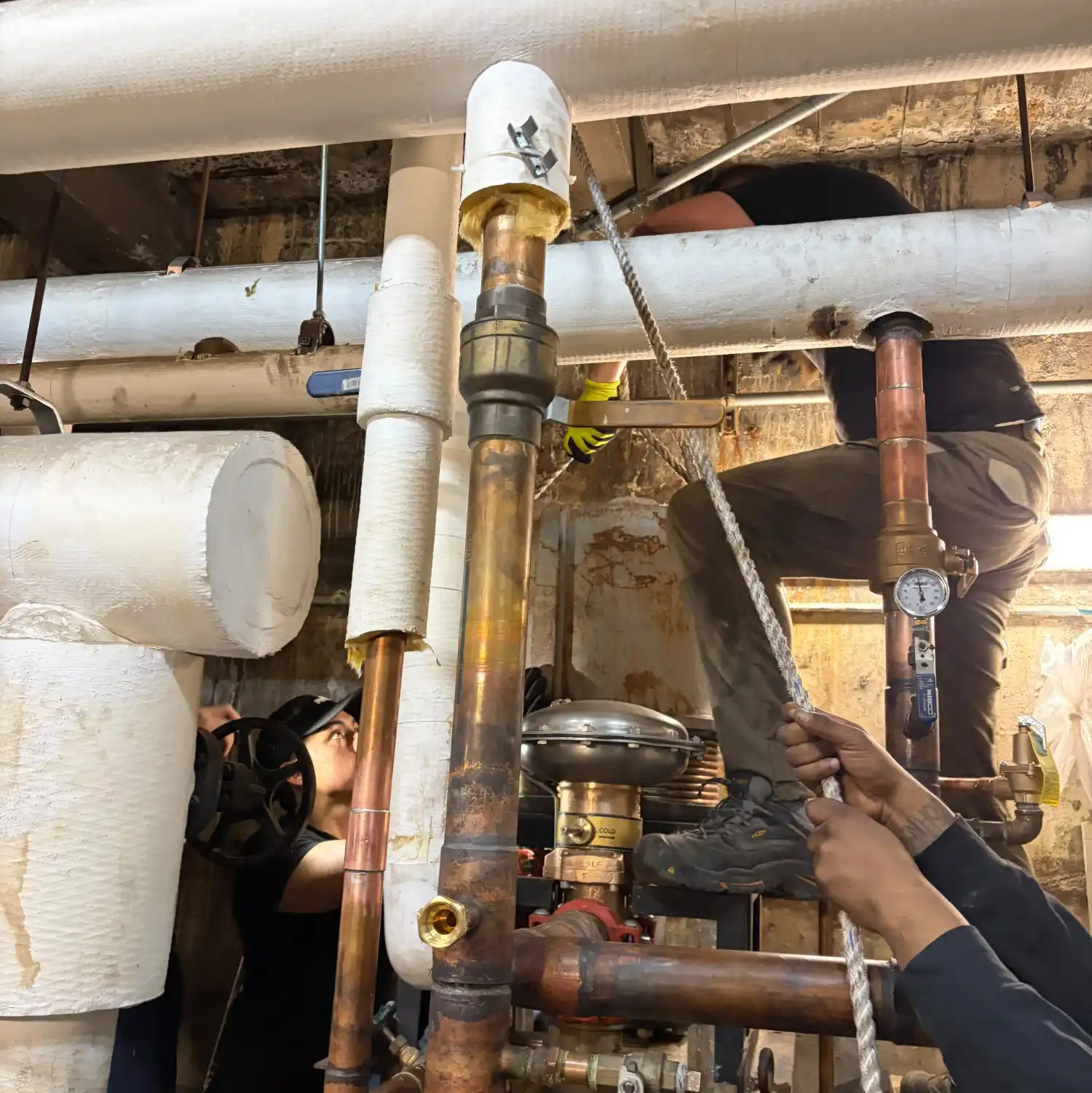 Commercial Mechanical Room Plumbing Work Buildwise Plumbing technicians installing and servicing commercial mechanical room piping