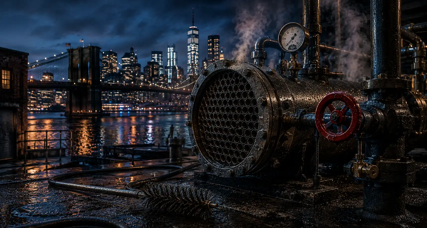 Commercial pump system isolation valve and piping assembly in NYC mechanical room